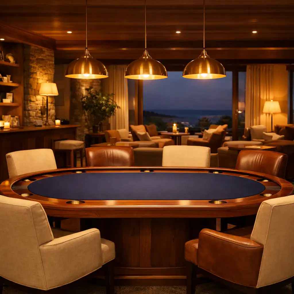 Warm interior of the Turn And Char Coal card room with a walnut poker table and soft evening lighting