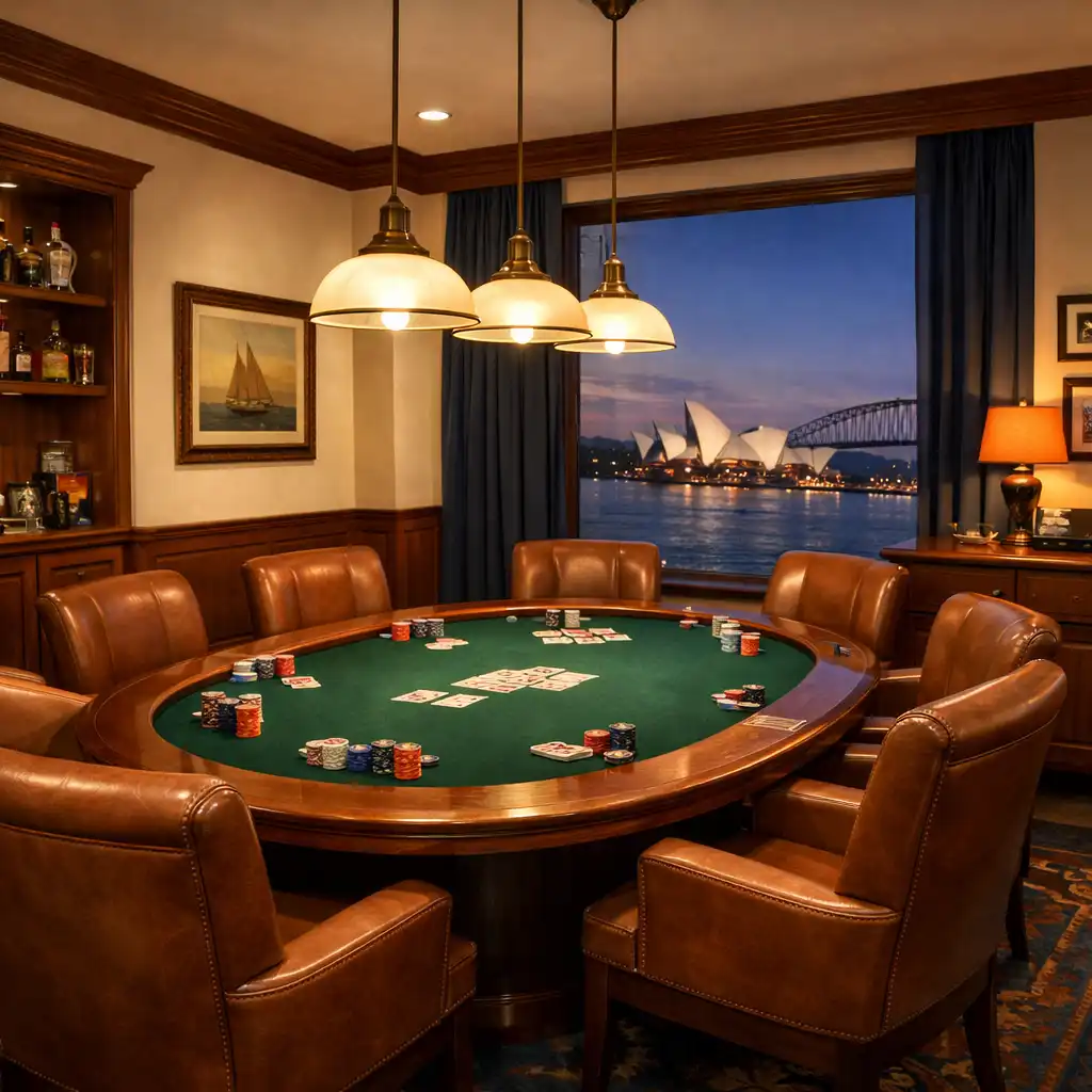 Detail of the card room interior showing a poker table with chips and a leather armchair