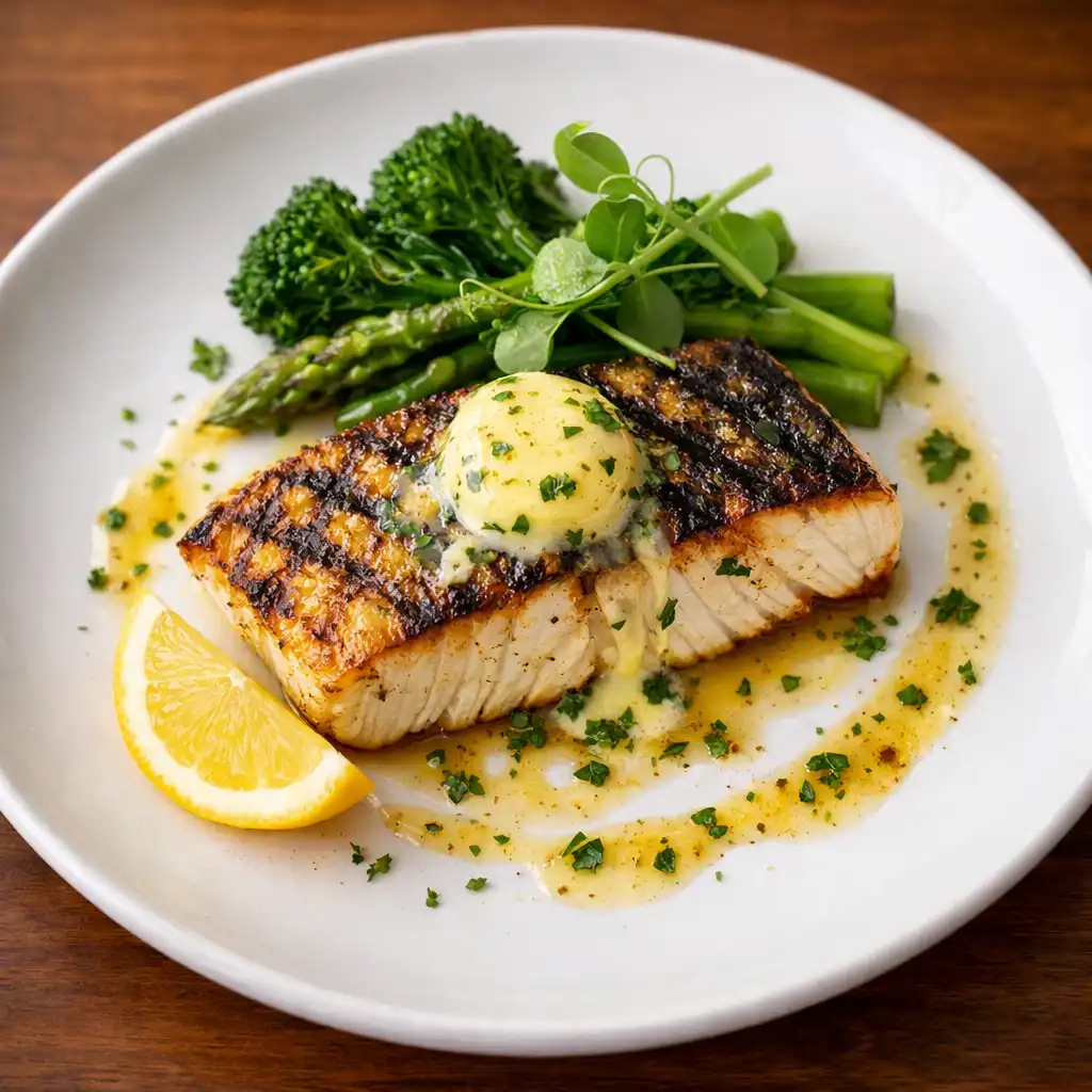 Char-grilled barramundi fillet with lemon myrtle butter and seasonal greens