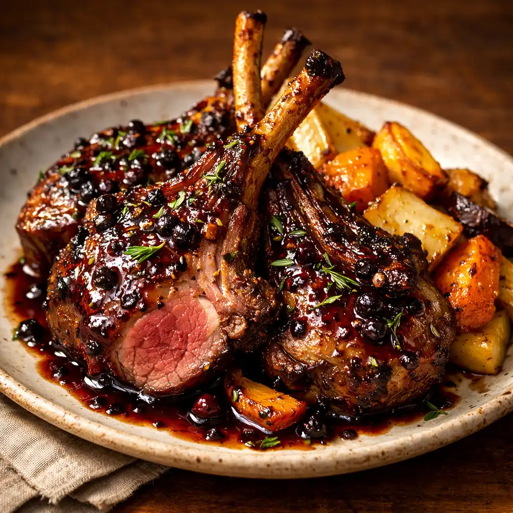 Coastal lamb cutlets with native pepperberry glaze and roasted root vegetables