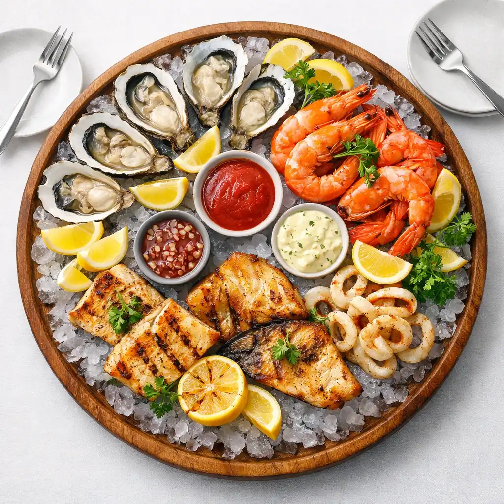 Seafood platter for two with fresh oysters, prawns, and grilled fish