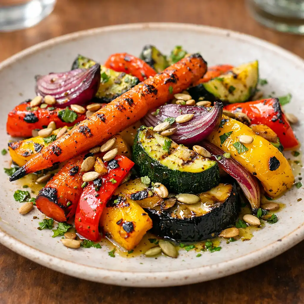 Charcoal-roasted seasonal vegetables with herb oil and toasted seeds