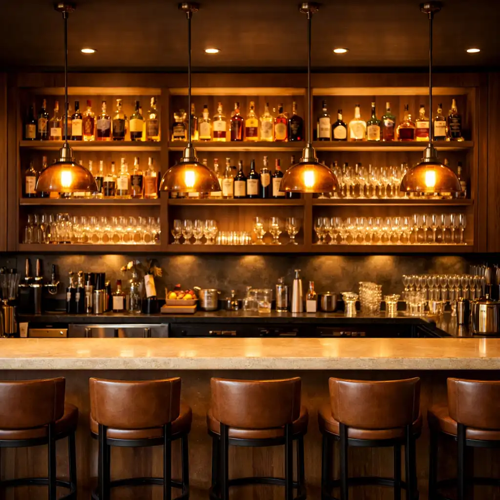 Bar area with limestone counter, backlit shelves, and leather bar stools