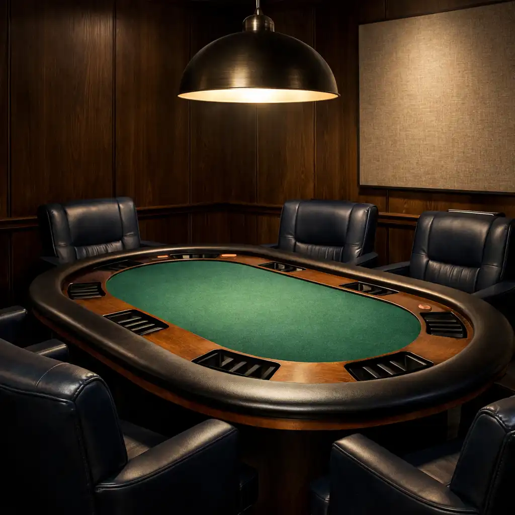 Card lounge with custom poker table, green felt, and dark navy leather chairs