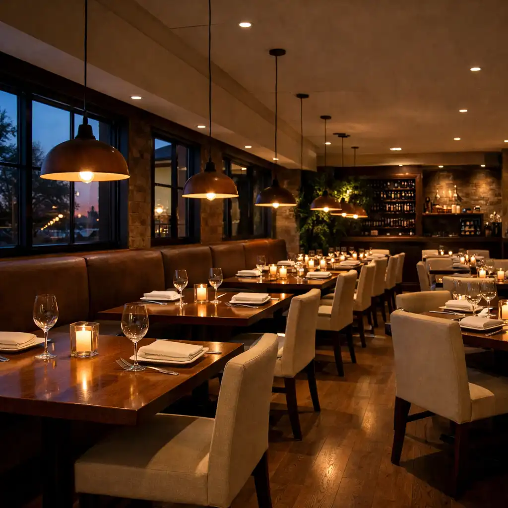 Main dining room with tables set with linen napkins and warm pendant lights