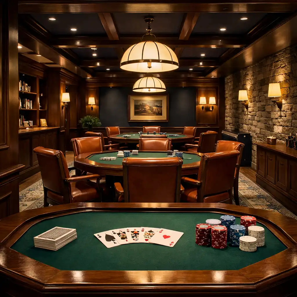 The card room at Turn And Char Coal with walnut tables, green felt surfaces, leather chairs, and warm pendant lighting