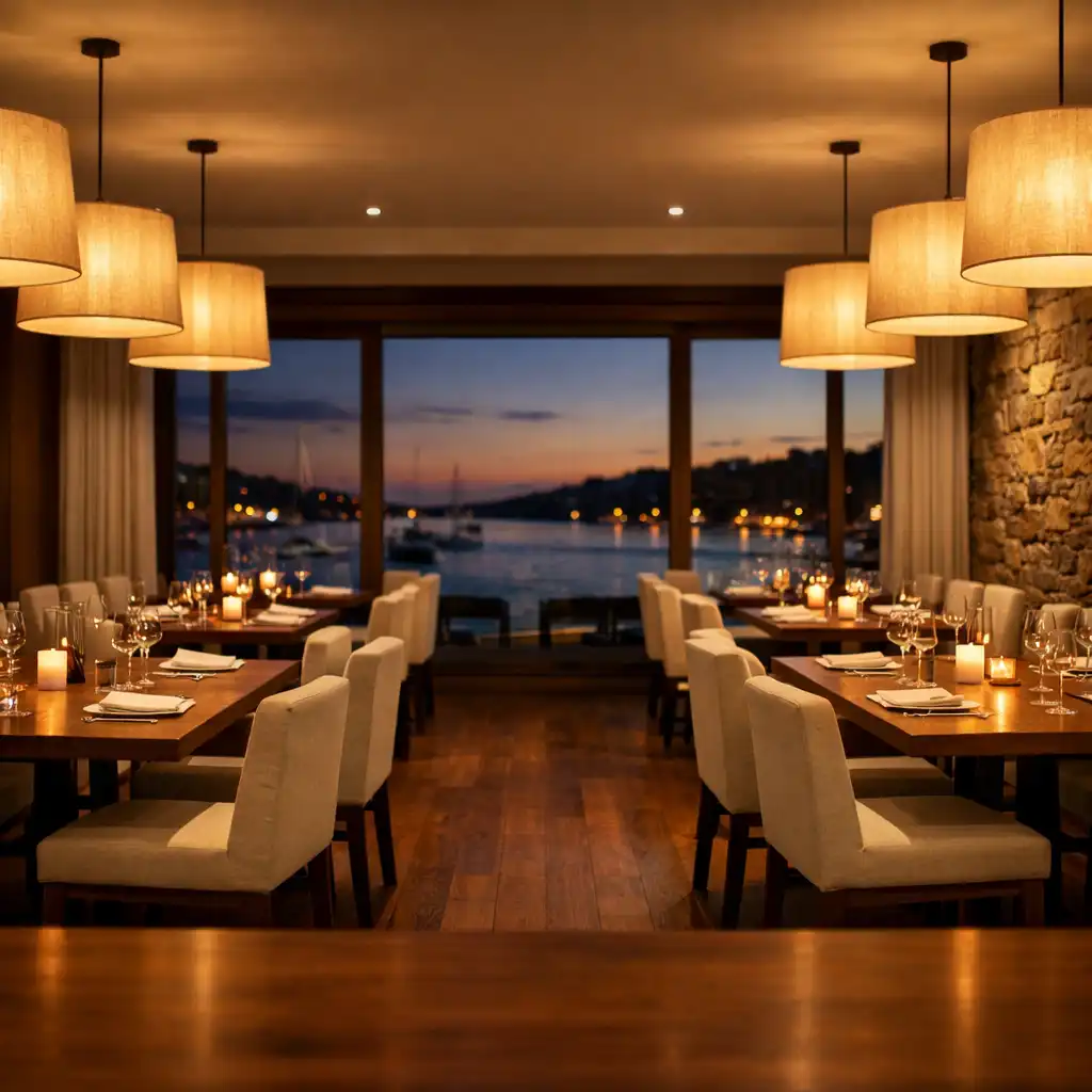 Warmly lit dining room at Turn And Char Coal with walnut tables, cream linen chairs, and soft pendant lighting