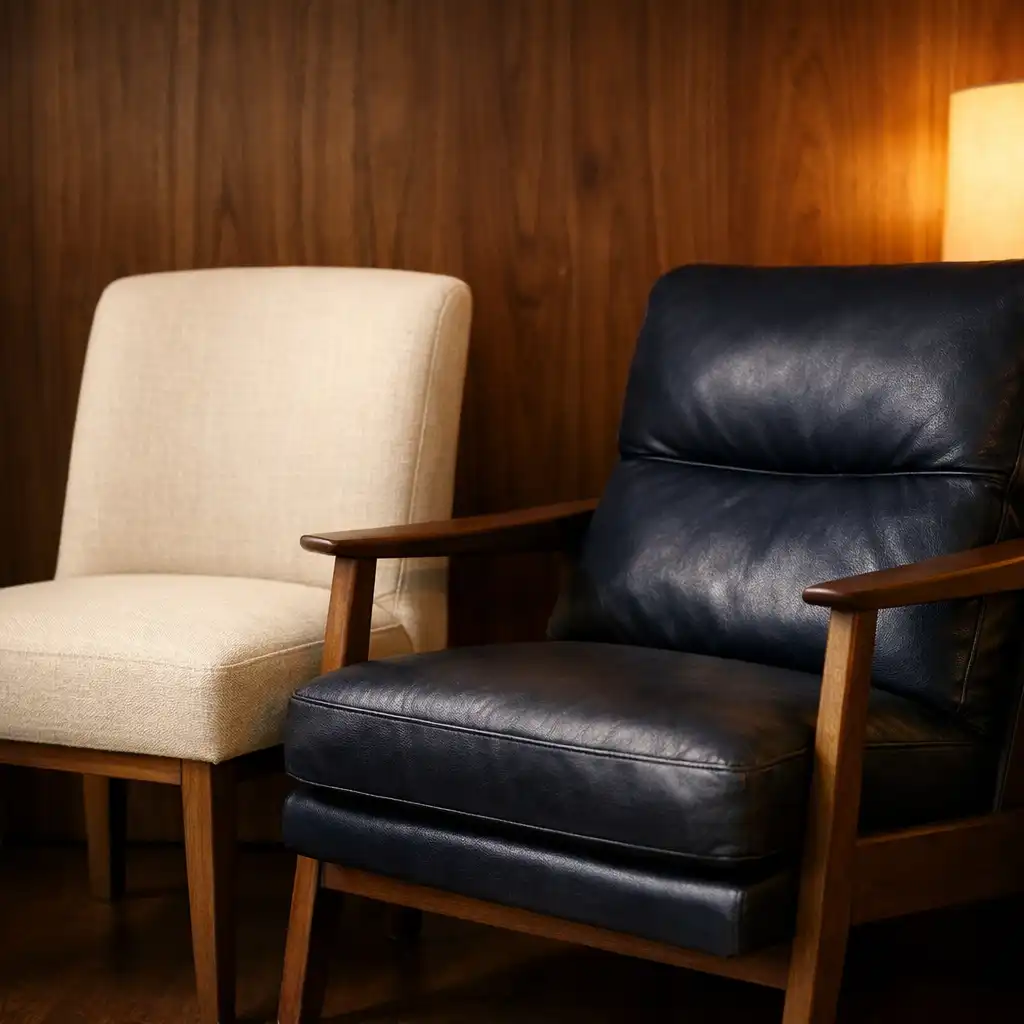 Cream linen dining chair beside a dark navy leather lounge chair against a walnut panel wall