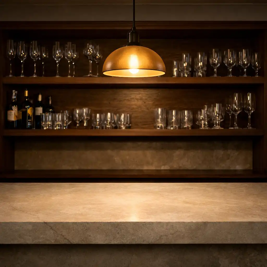 Honed limestone bar counter with a warm pendant light and walnut shelving behind