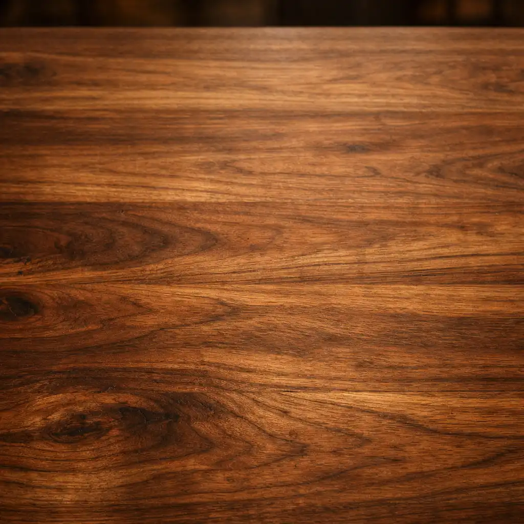Close-up of walnut wood table surface with natural grain and matte finish