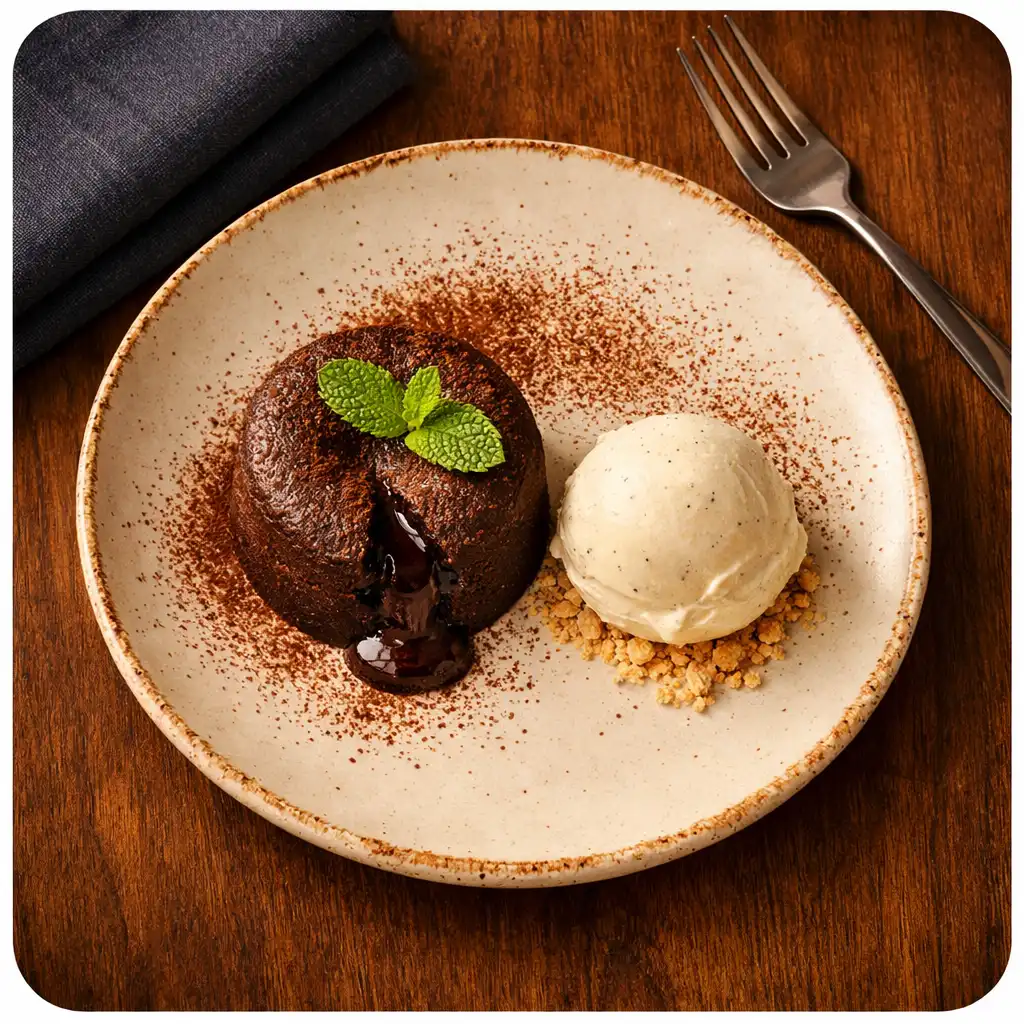 Warm chocolate fondant with vanilla bean ice cream on a cream ceramic plate