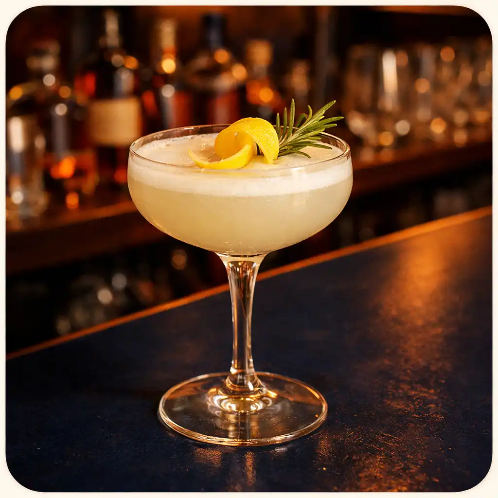 Lemon myrtle gin fizz cocktail in a coupe glass on a dark navy bar top