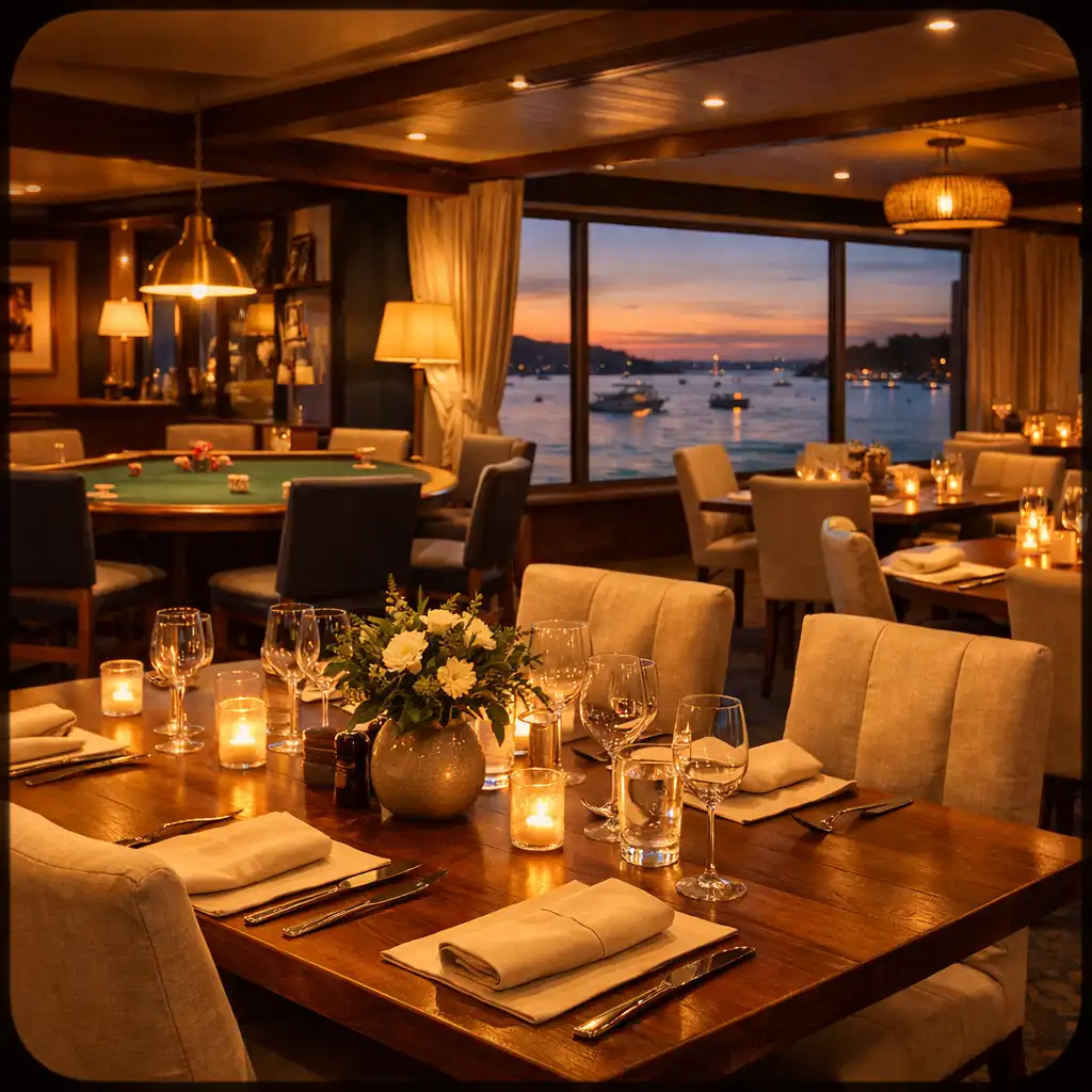 Warm dining room at Turn And Char Coal with natural wood tables and soft evening lighting