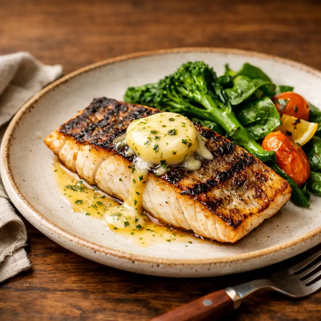 Charcoal-grilled barramundi with lemon myrtle butter and seasonal greens on a rustic wooden table