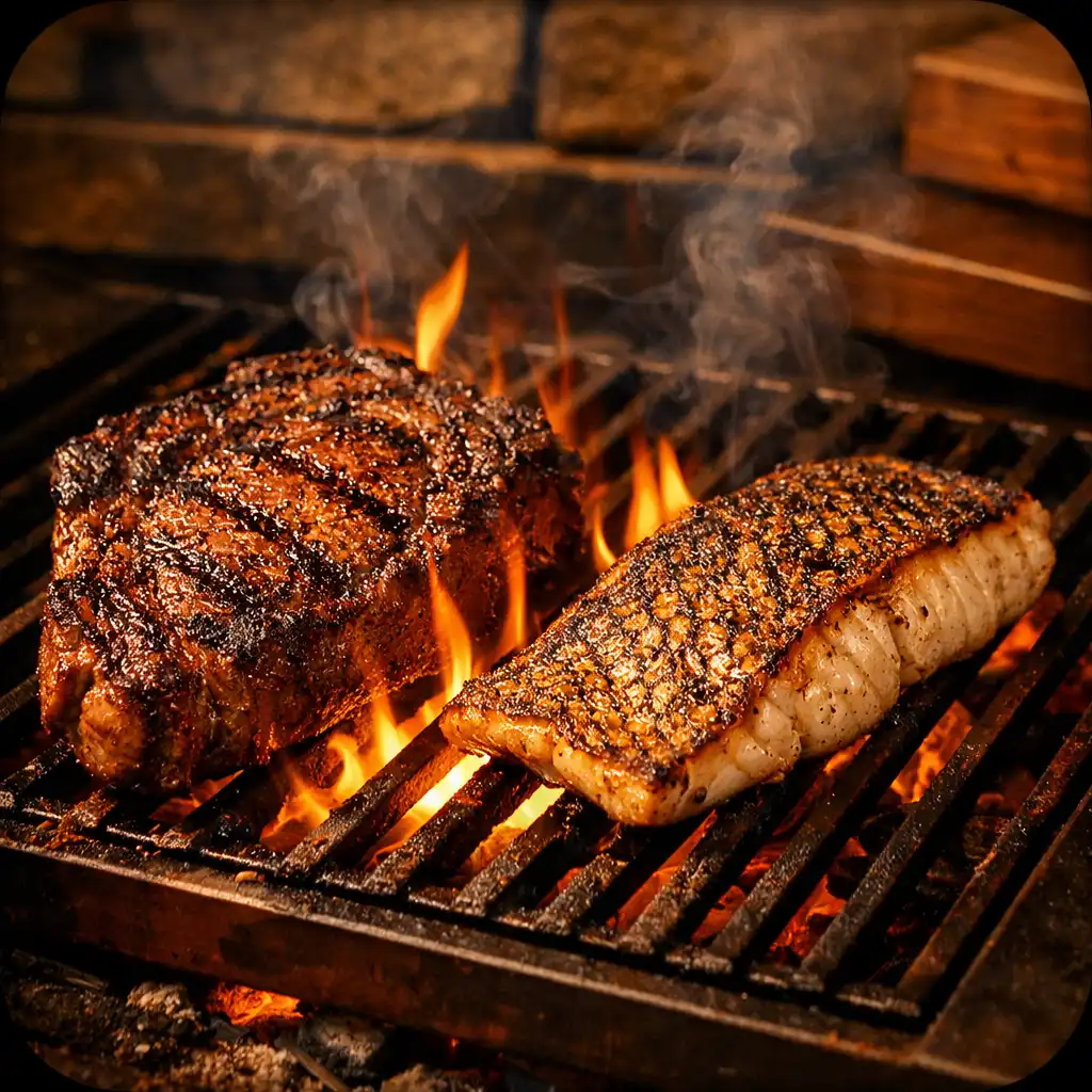 Charcoal grill cooking a rib-eye steak and barramundi fillet