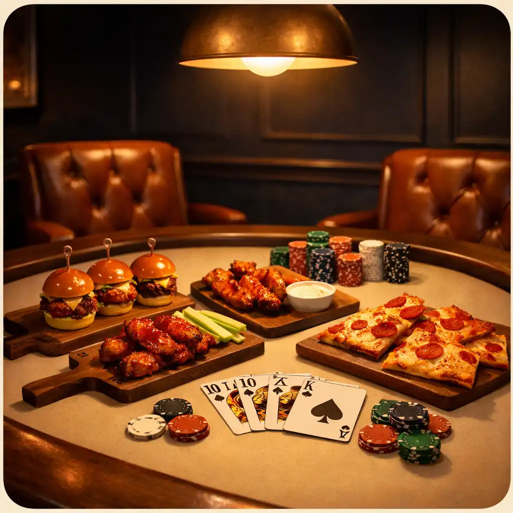 Poker table with sliders, chicken wings, and pizza slices arranged beside cards and chips