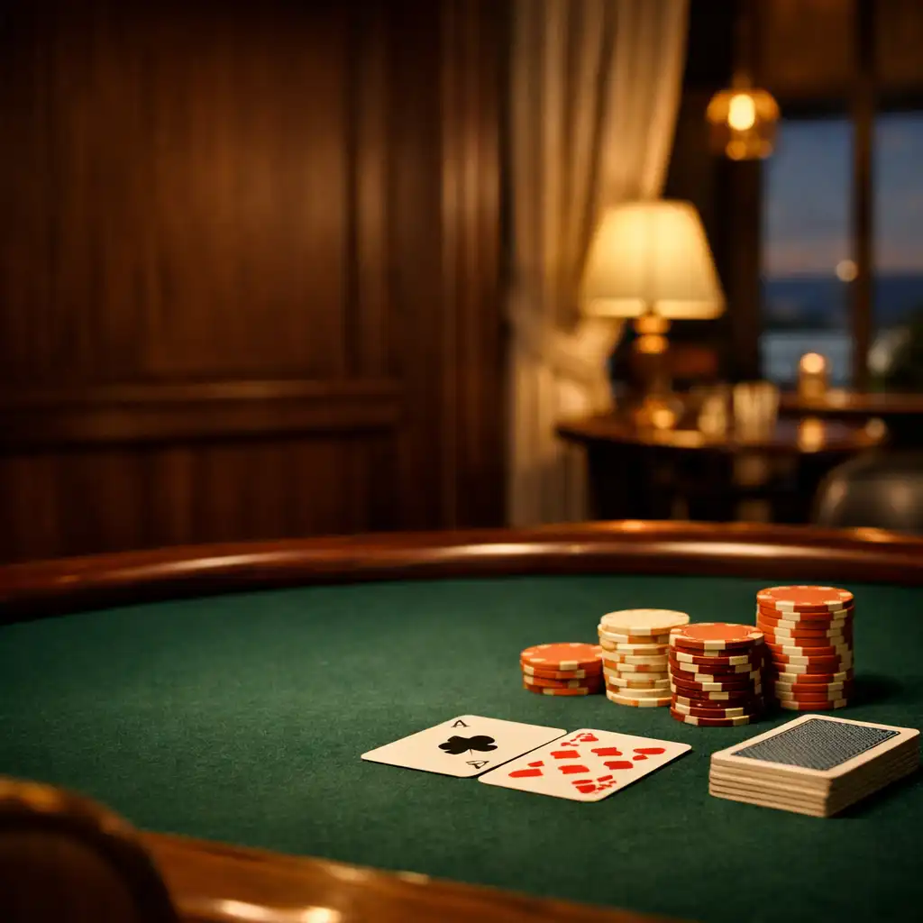 Warm poker table with chips and cards in the Turn And Char Coal card lounge
