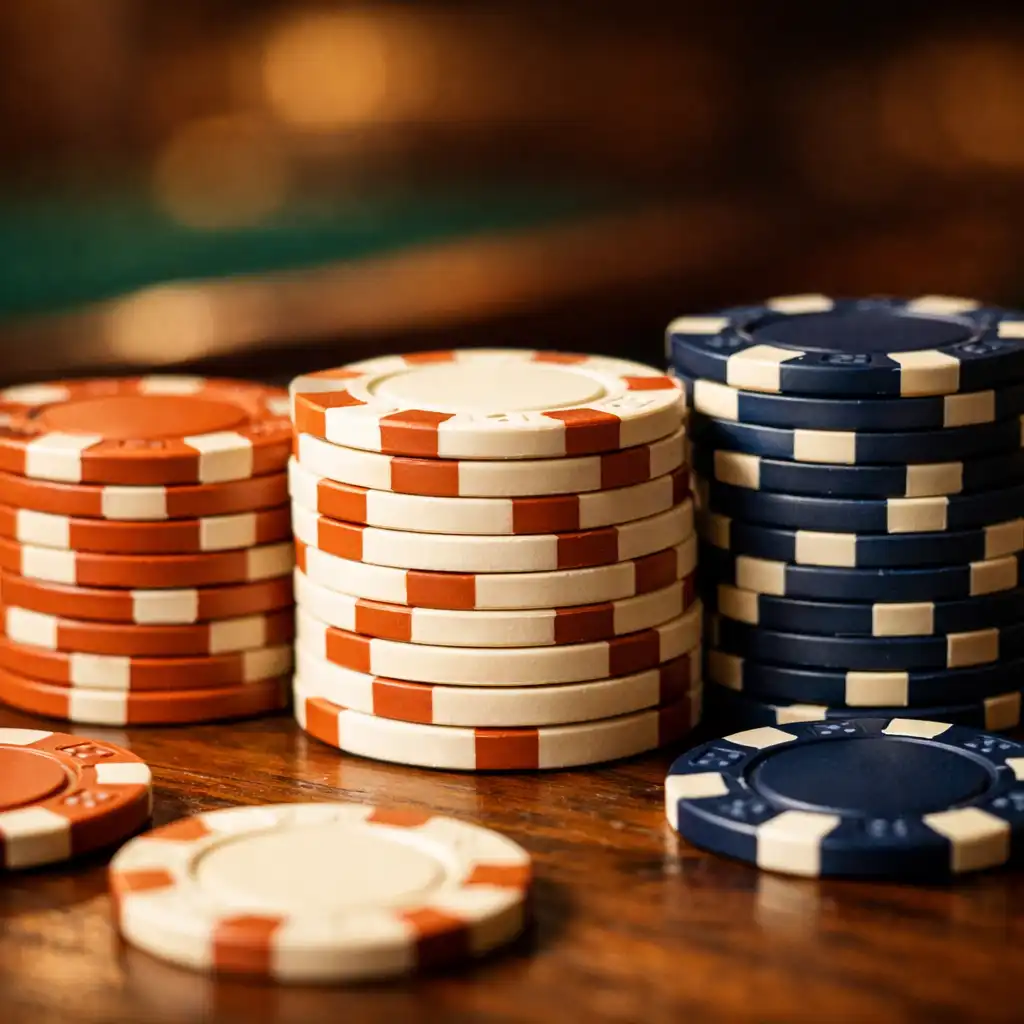 Close-up of poker chips in burnt orange, cream, and dark navy on a wooden table