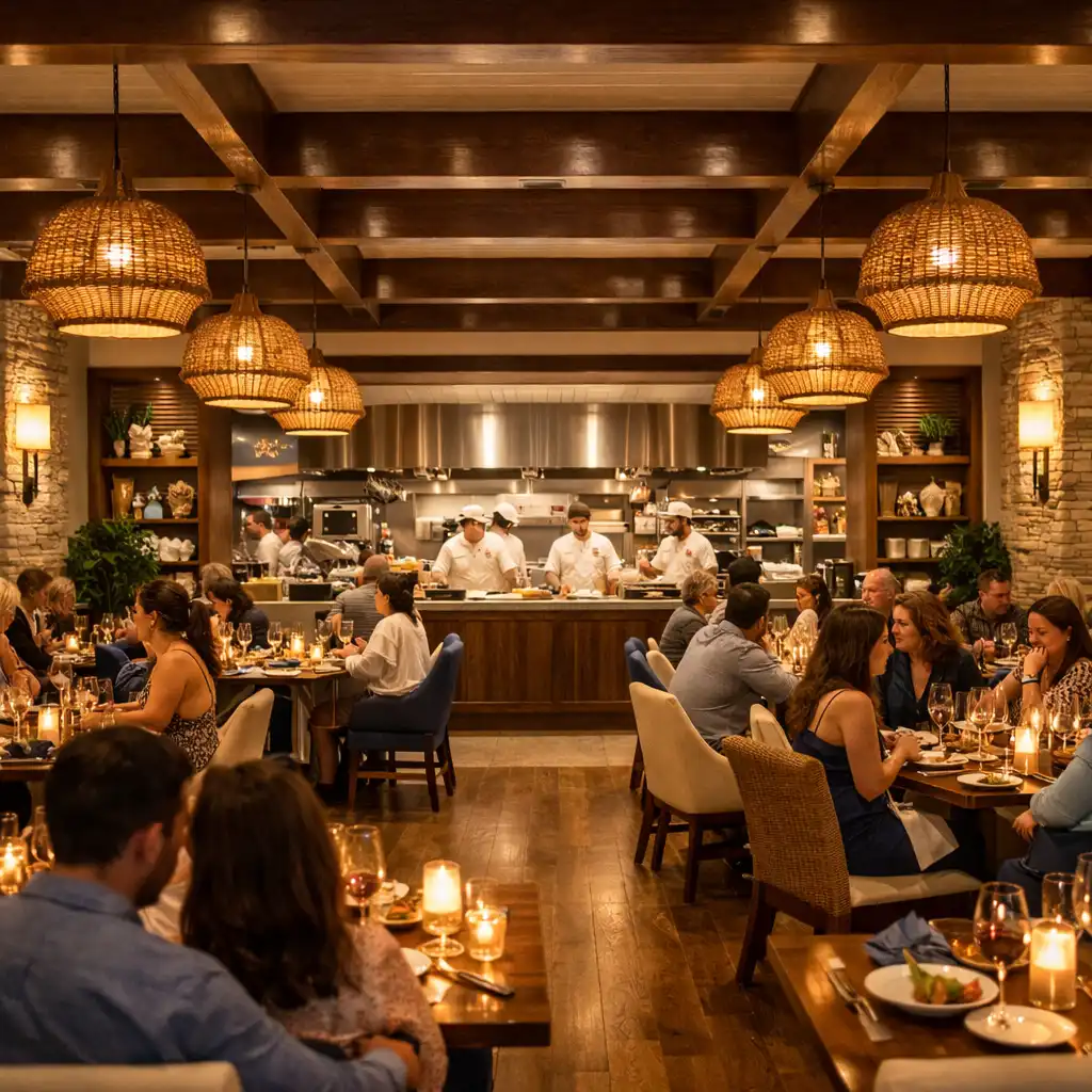 Wide view of the Turn And Char Coal dining room during evening service with warm pendant lighting and open kitchen