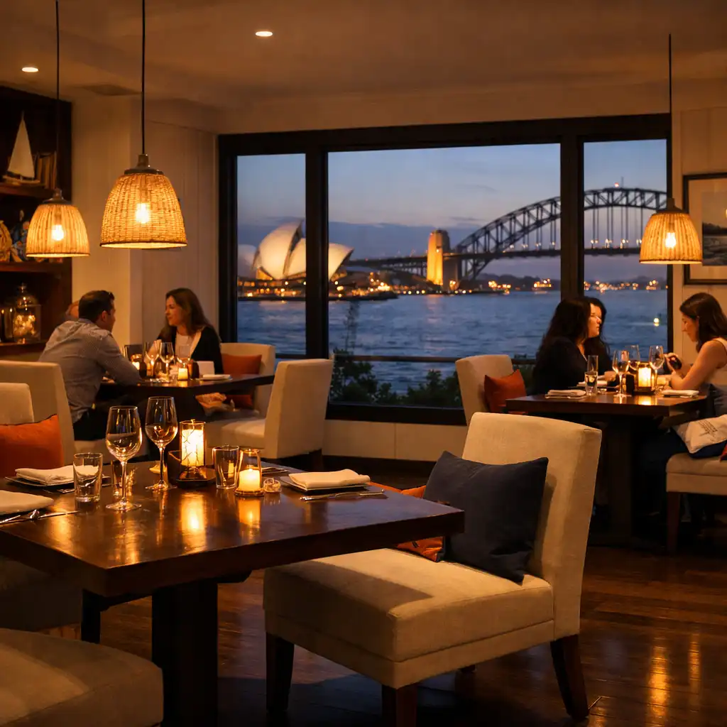 Warm, inviting dining area at Turn And Char Coal with walnut tables, cream linen chairs, and soft evening lighting