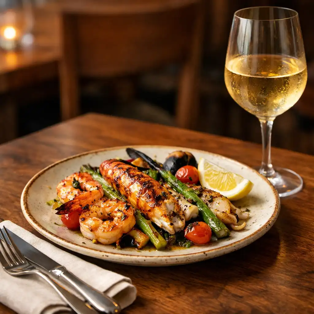 Beautifully set table at Turn And Char Coal featuring a char-grilled seafood dish and glass of white wine