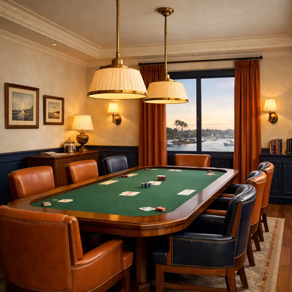 Elegant card room at Turn And Char Coal with walnut table, leather chairs, and warm lighting