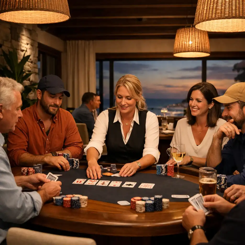 Players enjoying a live Texas Hold’em game at a warm, sophisticated card room table in Turn And Char Coal