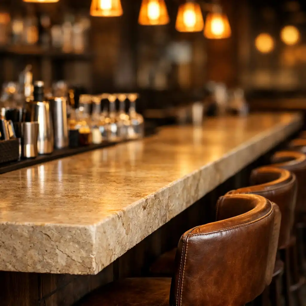 Side view of the bar counter with limestone surface, leather stools, and warm pendant lights