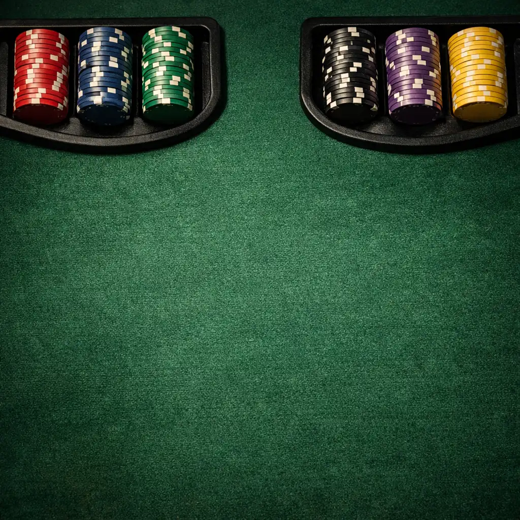 Close-up of green felt poker table with built-in chip trays and clay chips