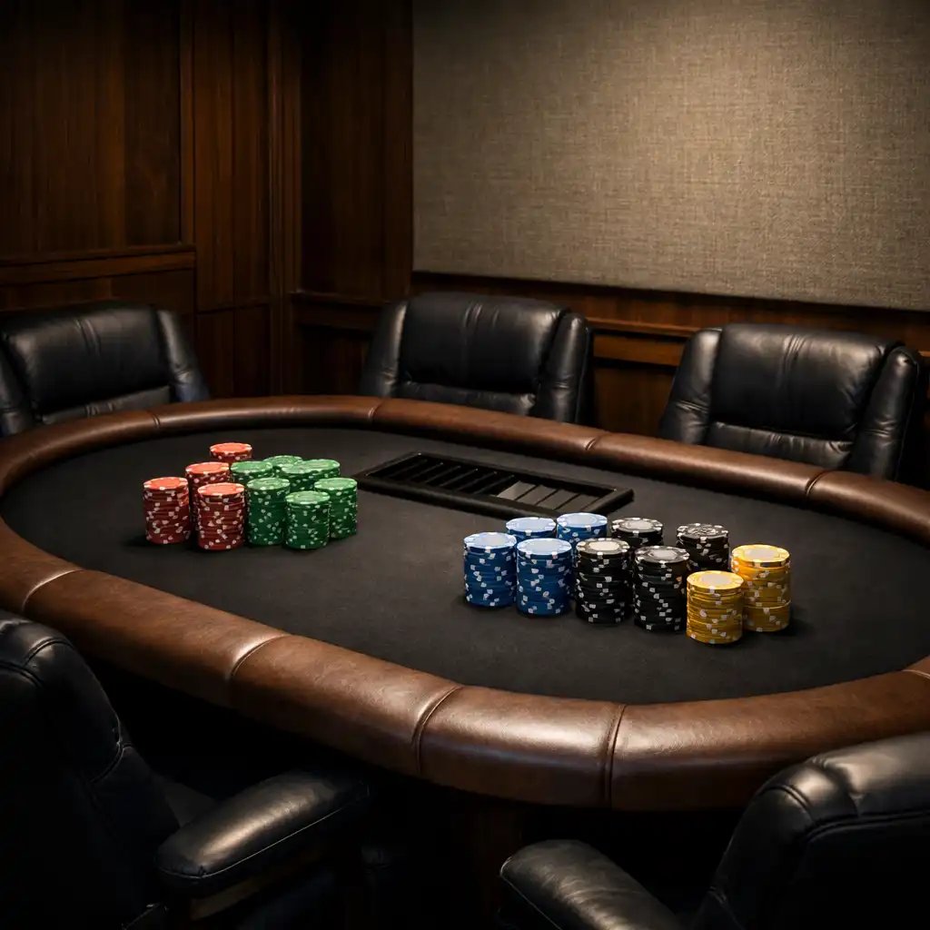Card lounge with poker table, stacked chips, and dark navy leather chairs under focused lighting