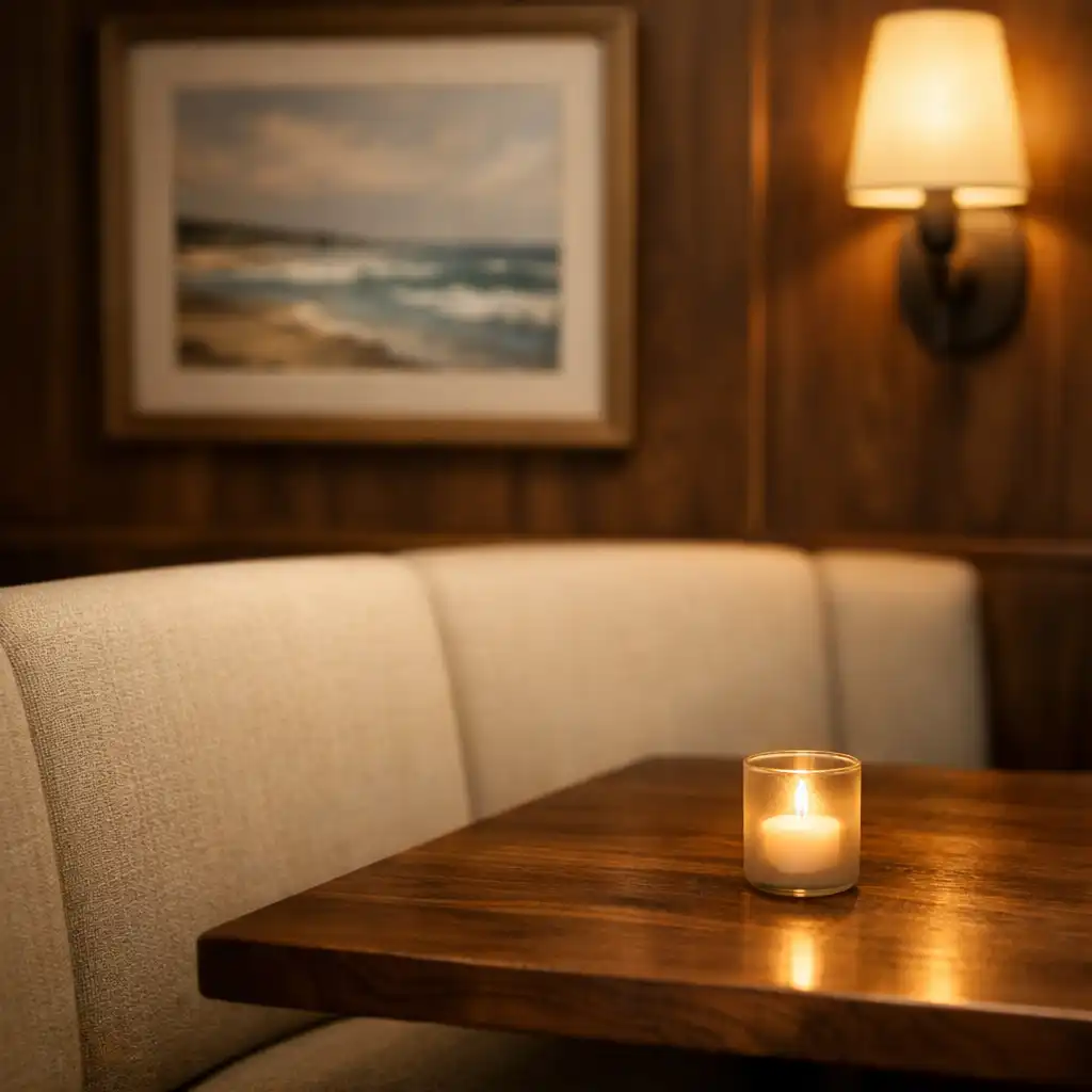 Corner booth in the dining room with cream linen upholstery and a candle on a walnut table